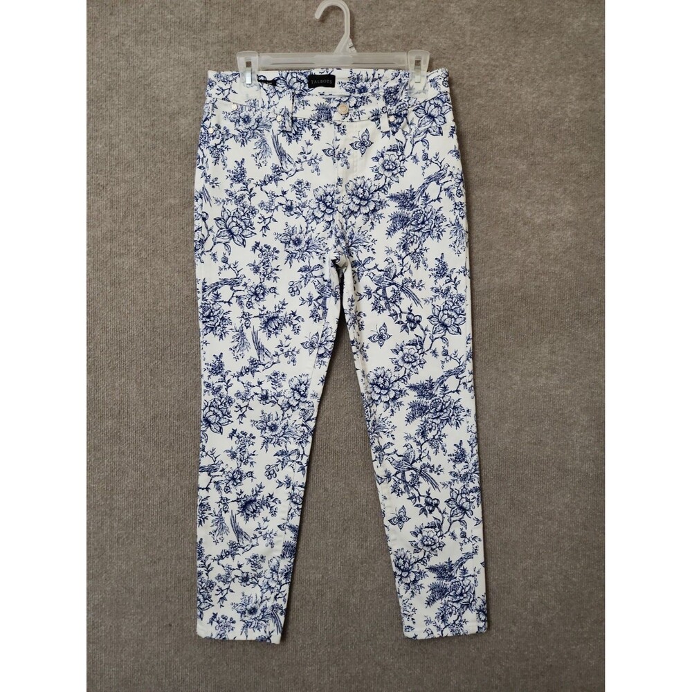Talbots Slim Ankle Jeans Womens 6 Petite White Blue Floral Butterfly Print